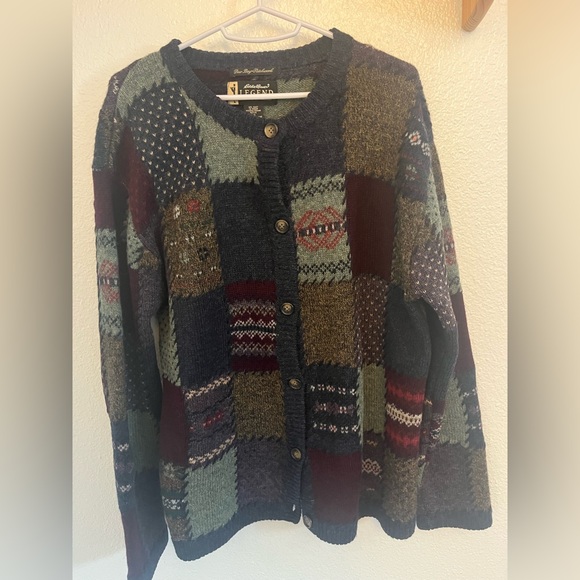 Eddie Bauer Sweaters - Vintage Patchwork Button-Front Cardigan in Navy, Green & Burgundy Eddie Bauer